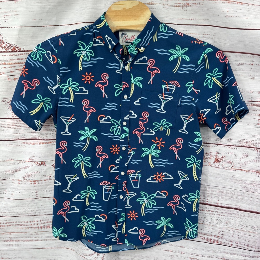 Chubbies Shirt Large Short Sleeve Button Up Neon Flamingo Palm Tree Cocktail